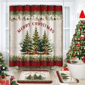 Rideau de Douche en Polyester Imprimé Numérique Motif Arbres de Noël à Carreaux Rouges, Imperméable, Vente en Gros, Moderne - Product Image 6