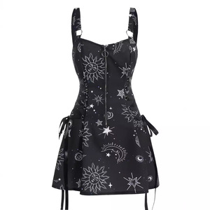 Vestido Gótico de Halloween con Estampado de Estrellas y Luna, Tirantes Finos, Espalda Descubierta, Sexy, Cintura Ajustada, Corte en A - Product Image 1