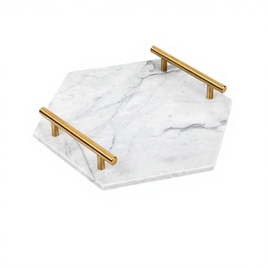 Plateau de service pour thé et café en marbre avec poignées métalliques, taille personnalisée, forme hexagonale, plateau de service alimentaire à prix avantageux - Product Image 1