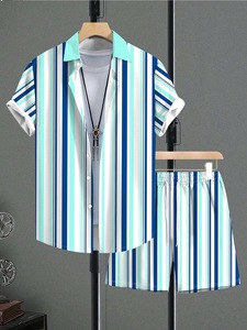 Ensemble 2 pièces d'été pour <span class=keywords><strong>homme</strong></span>, haut de gamme, imprimé 3D, à rayures, respirant, chemise à manches courtes et short, <span class=keywords><strong>tenue</strong></span> de plage - Product Image 6
