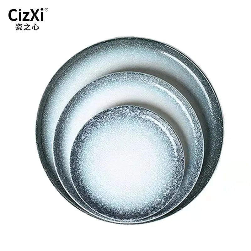A simple Nordic style tableware gradient glaze spraying sky blue and white ceramic dinner plate dinnerware set for sale