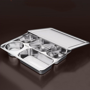 Endonezya özel 28x22cm 304 paslanmaz çelik 5 bölme dikdörtgen fabrika doğrudan yemek kabı ile kapak seti
