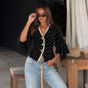 Blusa de Punto Negra con Puntos para Mujer, Ecológica, Transpirable, Cuello en V, Corte Ajustado, Dobladillo Asimétrico, Manga Larga, Moda Casual de Oficina - Product Image 1