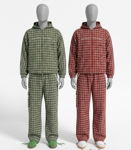 Ensemble survêtement <span class=keywords><strong>homme</strong></span> de haute qualité : veste coupe-vent à <span class=keywords><strong>capuche</strong></span> zippée à carreaux et pantalon de survêtement - Product Image 3
