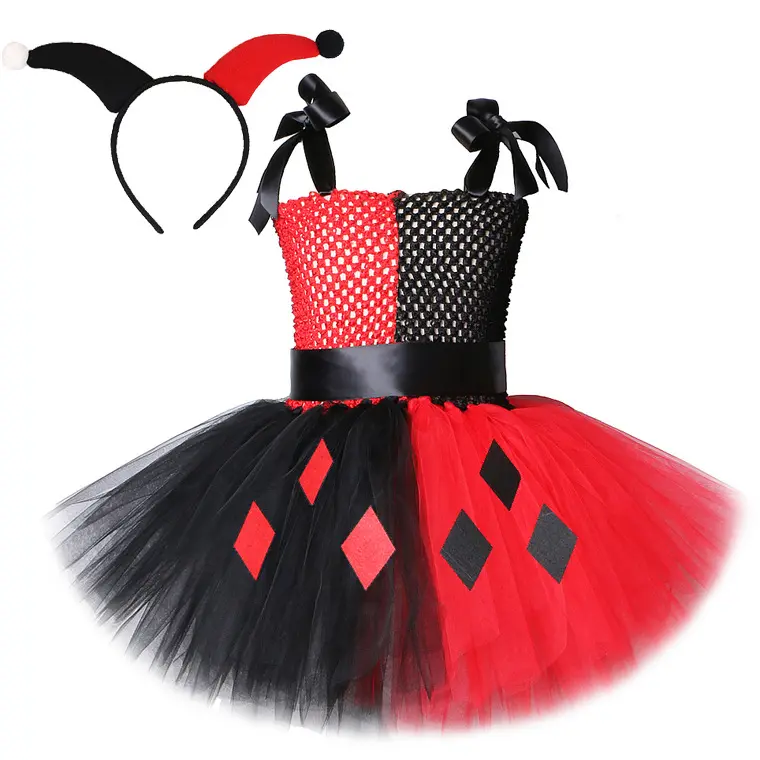 Halloween TV & Movie Costumes Kid Rouge Et Noir Clown Mesh Tutu Robe Cosplay Revenge Girl Stage Performer Robe avec Bandeau