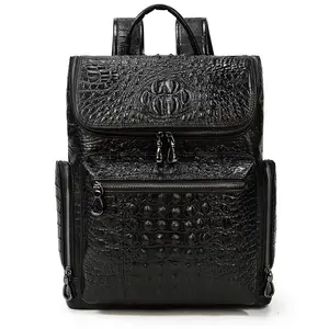 Korean Style Crocodile Grain Genuine Leather Backpack Men's Top Layer Cow Leather Multi-functional Students School Bag