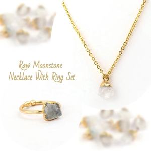Conjunto de Collar y Anillo de Piedra Lunar Arcoíris Natural en Bruto, Joyería de Piedras Preciosas Rústicas Curativas de Piedra Natal - Product Image 1