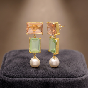 ต่างหูห้อยประดับพลอยอะเมทิสต์สีเขียวแชมเปญเคลือบทอง 14k และมุก พร้อมเงินแท้ 925 รุ่นใหม่ล่าสุด - Product Image 2