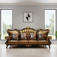 Housse de canapé de style européen, luxueuse, pour villa, en cuir véritable, avec décoration sculptée en bois massif