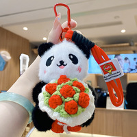 Adorable Porte-clés Pendentif Sac à Dos en Peluche Panda Géant Réaliste Tricoté avec Fleur, Cordon Tressé à la Main