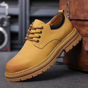 Bottes Martin pour hommes en cuir à bout rond, à lacets, semelle souple en caoutchouc, hauteur cheville, couleur unie, style décontracté, automne - Product Image 1