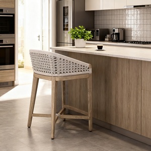 Tabourets de bar en bois massif avec assise en corde tressée au design simple pour cuisine, restaurant, crèche, jardin, terrasse - Product Image 1