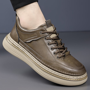 Men's Spring Casual Leather Sneakers Round Toe Lace-up Light Weight Walking Shoes Solid Color <b>Rubber</b> Outsole Cow Leather Upper - Product Image 1