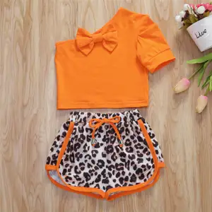 2020 verano naranja hombro camisa de manga corta + Cheetah pantalones cortos 2 piezas traje 1-5T