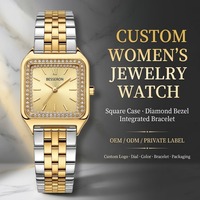 Montre carrée pour femme OEM à marque privée, style hip-hop, avec lunette sertie de diamants, mouvement à quartz, argentée, fabricant de montres-bijoux personnalisées pour femme
