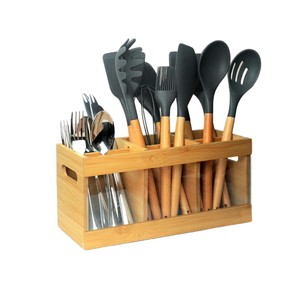 Caja de almacenamiento de cubiertos de bambú con compartimentos, organizador de cocina multifunción para espátula, cuchillo, tenedor y vajilla - Product Image 4