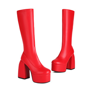 <b>Red</b> Mid-Calf Platform Boots Chunky <b>Heel</b> Round Toe Slip-On Genuine Leather All Seasons Style Drop Shipping - Product Image 2