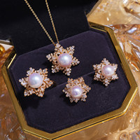 Ensemble de bijoux en argent sterling 925 avec perle d'eau douce naturelle, pendentif flocon de neige de Noël, boucles d'oreilles et bague, avec certificat