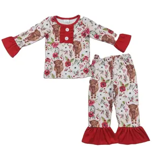 Kerst Rode Highland Cow Love Pyjama Broek Outfits Groothandel Baby Western Stijl Hoge Kwaliteit Meisjes Kinderkleding