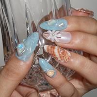 Faux ongles en acrylique à presser, forme amande, style Océan d'été, avec dégradé, coquillage et pierres concassées, motif fleur 3D, personnalisables, flexibles, vente en gros