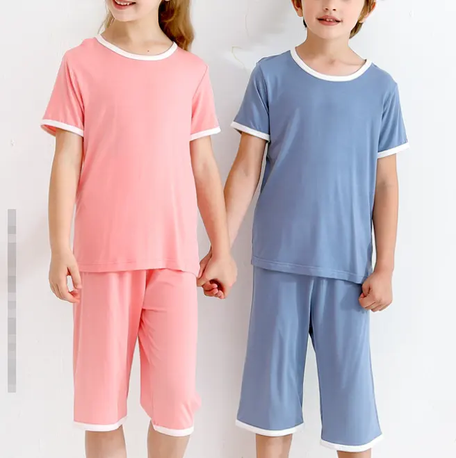 90-150cm yaz pijama kısa kollu yüksek belli göbek pantolon ev klima erkek ve kız çocuğu pijamaları için giysi