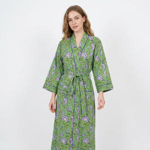 Kimono d'été 100 % coton pour femme, imprimé floral fait main, longueur intégrale, col en V, taille élastique, peignoir respirant - Product Image 1