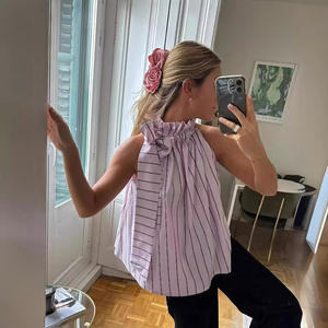 Camisas con cordones y lazo a rayas para mujer, blusa informal sin mangas con cuello levantado plisada, Tops de <span class=keywords><strong>calle</strong></span> alta para mujer de primavera 2024 - Product Image 1