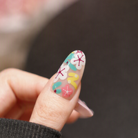 Faux ongles à presser en amande, base transparente, imprimé floral coloré, brillants, motif fleurs d'été, pour femmes, Nail Art