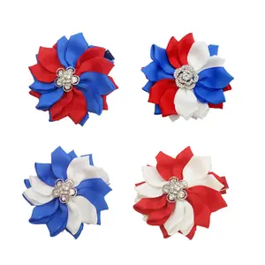 Màu Cờ Đỏ Trắng Xanh Ngày Quốc Khánh Mỹ Handmade Nhỏ Satin Ribbon Rose Flower Cho Cô Gái Long Lanh Tóc Clip