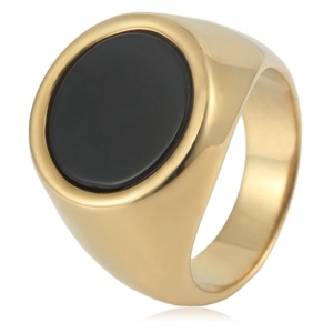 yunnique Men's <b>Titanium</b> Steel Oval <b>Ring</b> Gold Color Black Stone Bezel Setting Geometric Design Fashion Jewelry Gift - Product Image 1