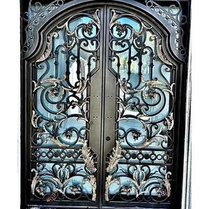 Puertas de hierro forjado dobles negras superiores cuadradas de entrada de seguridad francesa simple con rotura térmica de diseño de luces laterales - Product Image 1