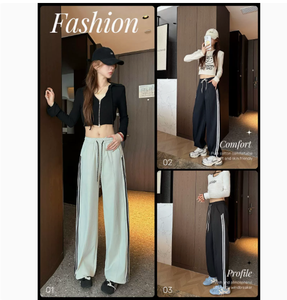 Pantalones casuales de mujer de cintura alta, pierna ancha, de poliéster tejido, anti-bolitas, con cordón, holgados y de largo completo - Product Image 5
