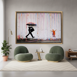 <b>Canvas</b> Art Print: Banksy Graffiti - Colorful Rain, Kids Umbrella, Street Art,GOLD <b>FRAMED</b> <b>CANVAS</b> - Product Image 3