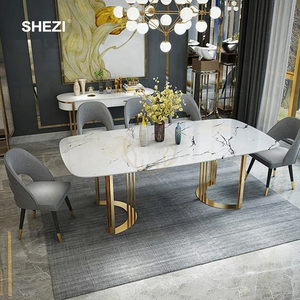Shezi phòng ăn đồ nội thất Victorian độc đáo nhân tạo giả đá cẩm thạch bàn ăn 6-8 chỗ ngồi màu trắng hình chữ nhật hàng đầu chân vàng - Product Image 2