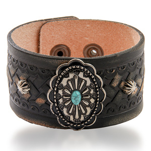 <b>Leather</b> <b>Bracelet</b> With Petal Metal Inlay And Turquoise Vintage Style Fashion Wrap <b>Bracelets</b> - Product Image 5