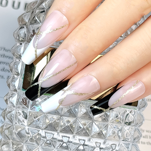 Kit de faux ongles en ABS préformés à presser, <span class=keywords><strong>forme</strong></span> <span class=keywords><strong>ballerine</strong></span> extra longue, couvrance totale, avec logo personnalisé, motif ligne dorée française - Product Image 3