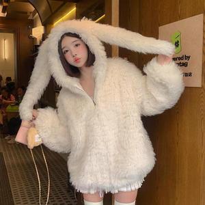 Women's Faux Fur Coat Light Pink Solid Color Rabbit Fur Thick Warm Winter Outerwear - Product Image 2
