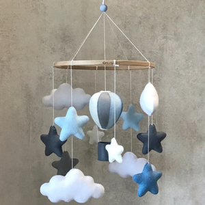 Bébé mobile garçon montgolfière pépinière Voyage décor bleu <span class=keywords><strong>gris</strong></span> étoiles et nuages Baby shower cadeau - Product Image 1