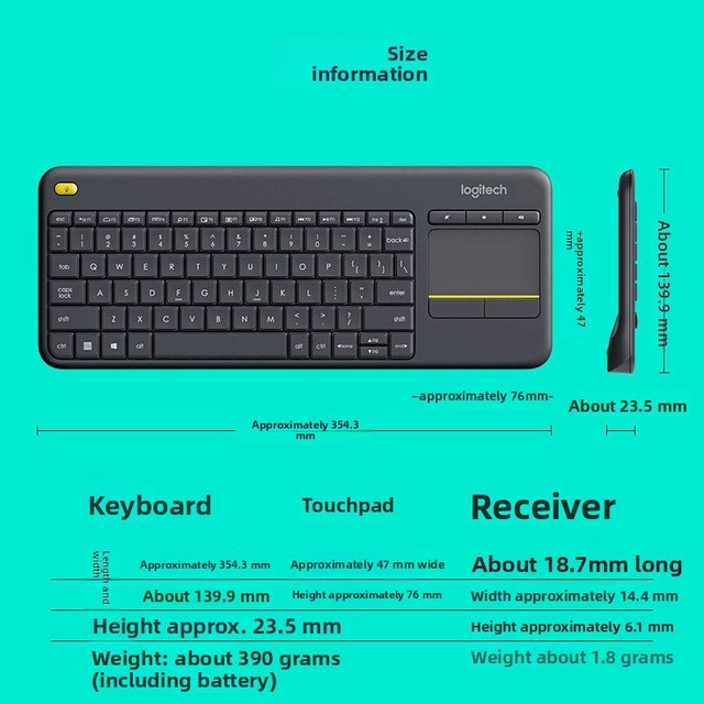 logitech K400Plus 2.4Ghz Wireless Full Size English Laptop Keyboard Multimedia Capacitive Touch Durable Office Portable Typing