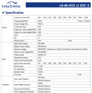 Eaglerise LS-40-900 Li Exc S 40W 900mA 24-42V ที่แยกไม่กะพริบ AC198ไดรเวอร์ LED แบบคงที่ในปัจจุบันที่มี IP20 264Vac - Product Image 6
