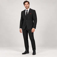 Setelan Jas Pria Hitam 2 Potong Custom MOQ Rendah, Blazer Single Breasted Notch Lapel, Celana Flat Front, untuk Bisnis, Pernikahan, dan Pesta