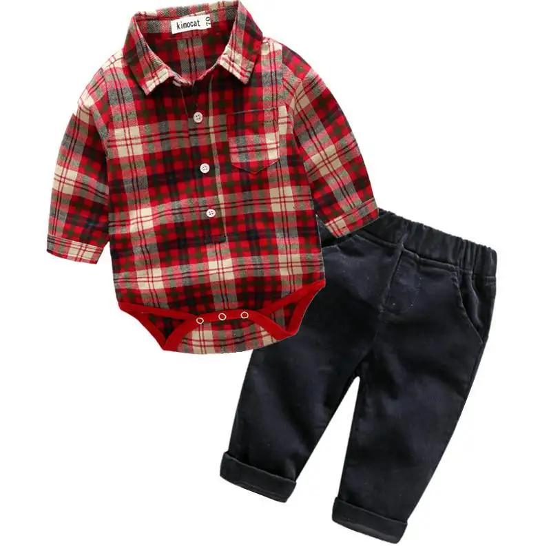 2018 Fashion boys outfits sets kids red plaid soft cotton blouse +long pants 2pcs suits newborn baby clothes sets