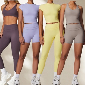 Sujetador sin mangas a prueba de golpes para mujer, pantalones de realce de cadera, conjunto deportivo, pantalones cortos <span class=keywords><strong>el</strong></span>ásticos de cintura alta, cuello redondo, manga corta, Top, trajes para correr - Product Image 1