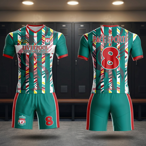 Ensemble de maillots de football sublimés pour hommes, personnalisables avec le nom de l'équipe, 100 % polyester, rayures vertes et rouges, col en V, manches courtes, respirant - Product Image 1