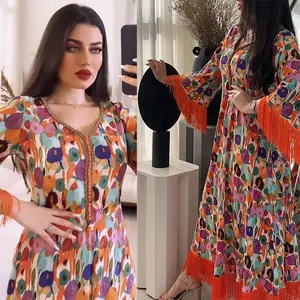 Hifive Eid Feestjurk Elegante Vrouwen Moslim Kwast Print Ramadan Marokkaanse Kaftan Kalkoen Arabische Casual Gewaad Dubai Islamitische Kleding