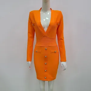 Novance B3077ชุดสตรี2020เซ็กซี่ V คอผ้าพันคอถัก Vintage สีส้มสบายๆอย่างเป็นทางการ Bodycon Robe Femme Vestidos