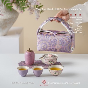 Taza de té de cerámica pintada a mano con diseño de flor de glicinia, juego de té Kung Fu retro con bolsa práctica, taza y tetera individuales, juego de té con diseño de loto. - Product Image 1
