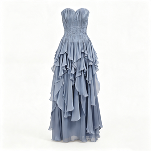 <span class=keywords><strong>Robe</strong></span> longue bustier en mousseline froissée bleu poussière, coupe cœur, à volants étagés, fermeture éclair au dos, pour demoiselle d'honneur ou invitée <span class=keywords><strong>de</strong></span> mariage - Product Image 1