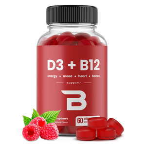 工場卸売 ヴィーガン D3+<span class=keywords><strong>B12</strong></span>+葉酸 3in1 グミ - ラズベリー風味 ビタミンサプリメント 60個入り (非遺伝子組み換え、ゼラチンフリー) - Product Image 1