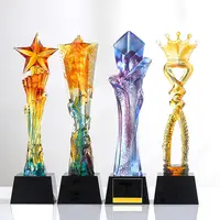 Low moq cheap custom shaped glass glassato heart star crown resin award gold platform trofei 3d globe crystal metal trophy